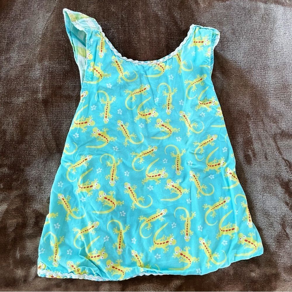 Handmade Little Girls Blue Cotton Crossover Tunic with Yellow Lizard Print Sz4-6 - Picture 2 of 10
